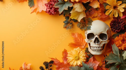 Happy halloween flat lay mockup with autumn flowers, leaves and Calavera sugar skull on orange background. Fall holiday concept composition. Top view with copy space.