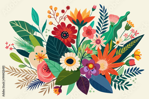 This image showcases a vivid floral arrangement with an array of flowers and leaves, set against a light background. The design highlights nature's vibrancy and beauty
