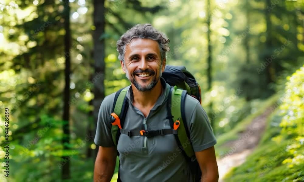 Portrait of smiling man with backpack standing in forest on a sunny day Portrait of smiling man with backpack standing in forest on a sunny day