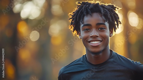  Happy black teenager jogging in the park in sunshine on sunny blue sky day. Candid boy running for improved mental health and fitness. Summer exercise outdoors