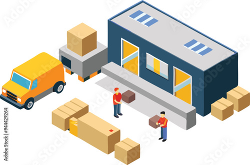 Warehouse workers unloading boxes from a truck, representing logistics, supply chain, and inventory management in a simple, modern illustration.