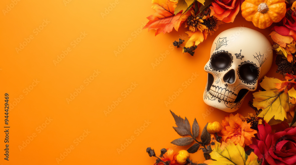 Happy halloween flat lay mockup with autumn flowers, leaves and Calavera sugar skull on orange background. Fall holiday concept composition. Top view with copy space. Happy halloween flat lay mockup with autumn flowers, leaves and Calavera sugar skull on orange background. Fall holiday concept composition. Top view with copy space.