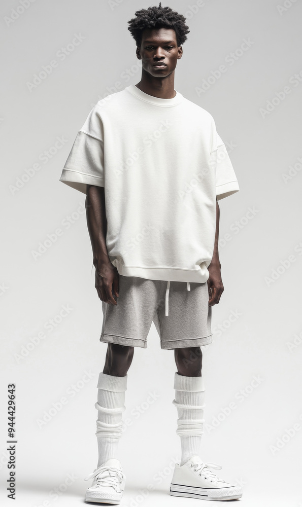 A young African American man wearing a loose-fitting oversized white t-shirt, shorts, and long socks, standing confidently against a white background, showcasing a minimalist and modern streetwear loo A young African American man wearing a loose-fitting oversized white t-shirt, shorts, and long socks, standing confidently against a white background, showcasing a minimalist and modern streetwear loo