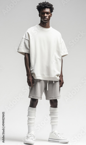 A young African American man wearing a loose-fitting oversized white t-shirt, shorts, and long socks, standing confidently against a white background, showcasing a minimalist and modern streetwear loo