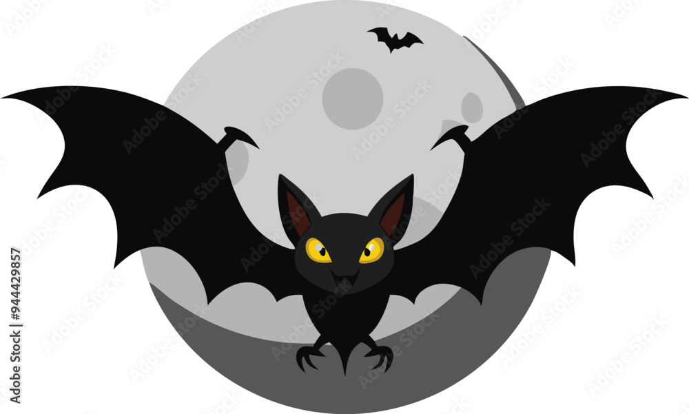 Obraz premium Flying bat in front of the moon, symbolizing Halloween, mystery, and the spooky season in a dark and playful illustration.