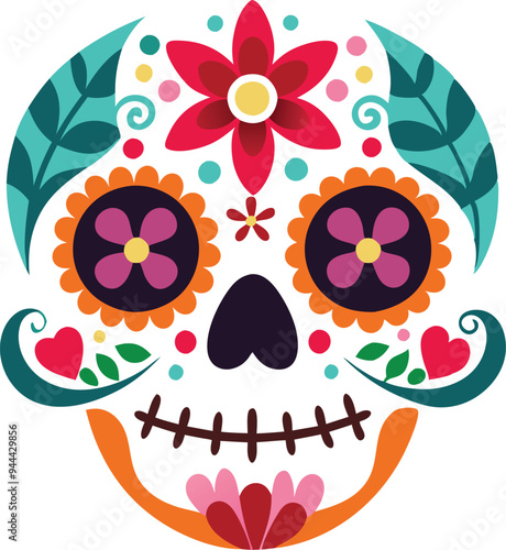 Colorful sugar skull for Día de los Muertos, symbolizing the Day of the Dead celebration, tradition, and culture in a vibrant and decorative design.