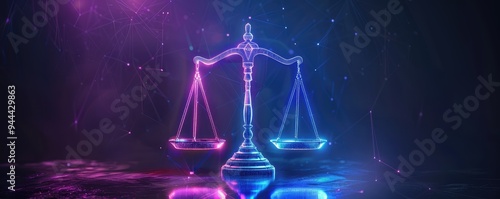 Digital scales of justice in neon colors on dark background.