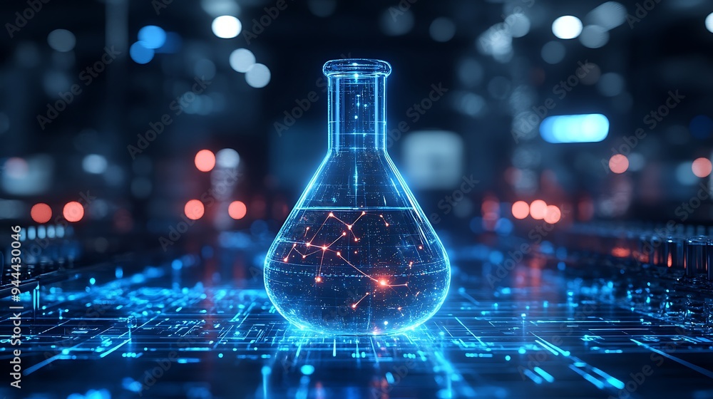 The digital laboratory flask icon with glowing data symbolizes the integration of AI into scientific experimentation and data analysis, accelerating research progress and discoveries design, The digital laboratory flask icon with glowing data symbolizes the integration of AI into scientific experimentation and data analysis, accelerating research progress and discoveries design,