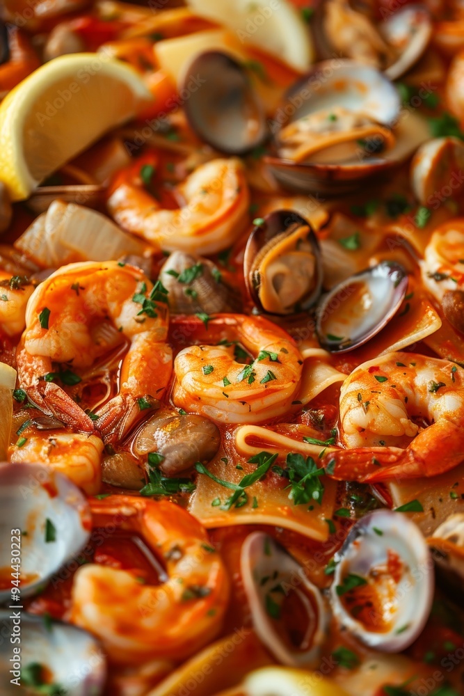 Seafood Feast Close-up of Shellfish, Pasta, and Shrimp in Aromatic Sauce with Lemon Wedges Seafood Feast Close-up of Shellfish, Pasta, and Shrimp in Aromatic Sauce with Lemon Wedges