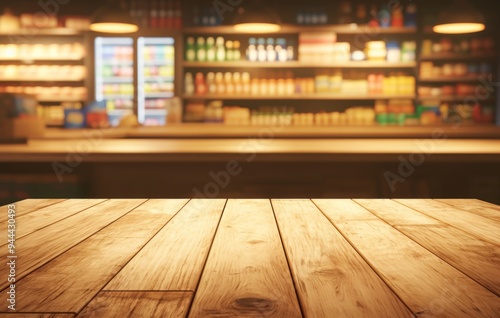 Empty Wooden Table Top with Blurred Supermarket Background, People Shopping for Products and Food Items on Shelves