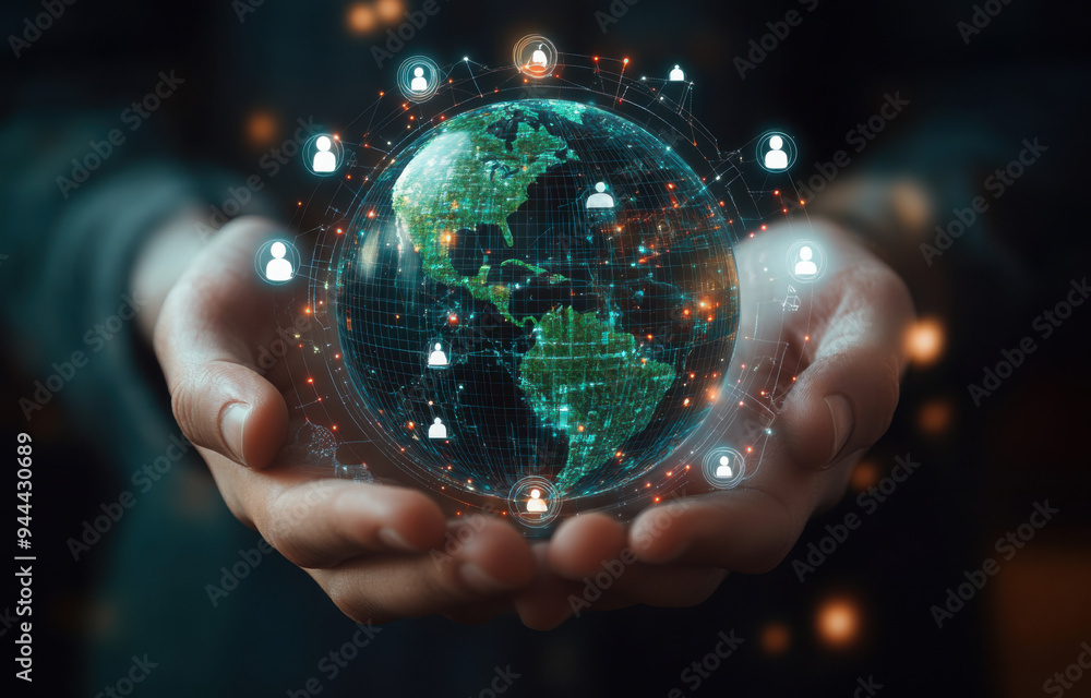 Fototapeta premium Businessman point at global online marketplace and reach for customer engagement with insight data analytic, business intelligence. SEO marketing big data strategy for worldwide omnichannel market.