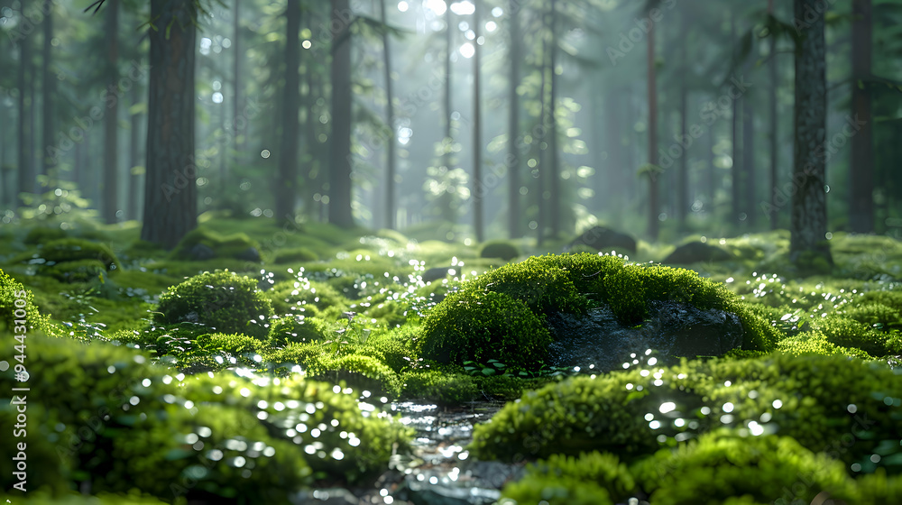 Fototapeta premium A forest clearing where 2D shadows transition into 3D moss-covered stones, captured with a soft focus lens for a tranquil atmosphere.