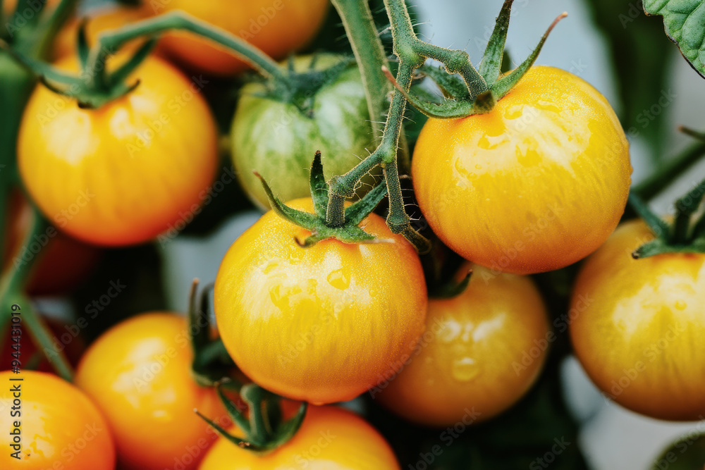 The image shows a close-up of yellow tomatoes on the vine, glistening with droplets of water. The tomatoes appear ripe and ready for harvest, with vibrant colors and healthy green stems. The image shows a close-up of yellow tomatoes on the vine, glistening with droplets of water. The tomatoes appear ripe and ready for harvest, with vibrant colors and healthy green stems.