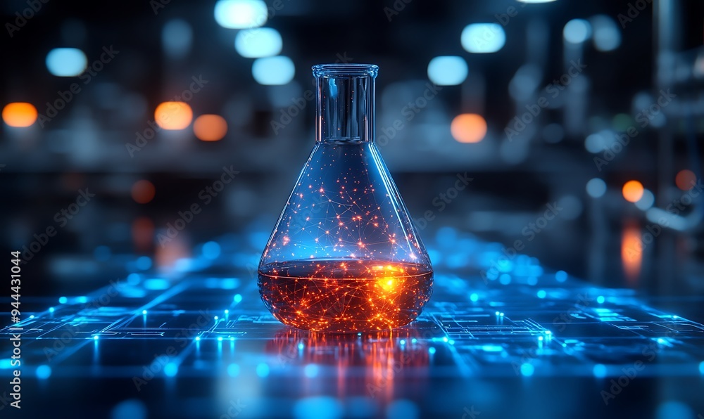 The digital laboratory flask icon with glowing data symbolizes the integration of AI into scientific experimentation and data analysis, accelerating research progress and discoveries design, The digital laboratory flask icon with glowing data symbolizes the integration of AI into scientific experimentation and data analysis, accelerating research progress and discoveries design,
