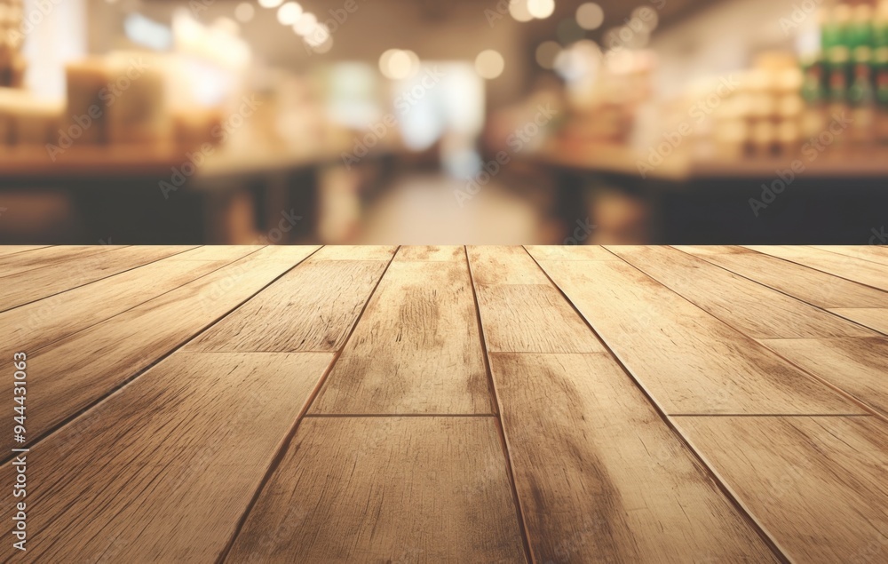 Empty Wooden Table Top with Blurred Supermarket Interior Background, Display Product Montage Template for Coffee Shop or Global Market Concept Empty Wooden Table Top with Blurred Supermarket Interior Background, Display Product Montage Template for Coffee Shop or Global Market Concept