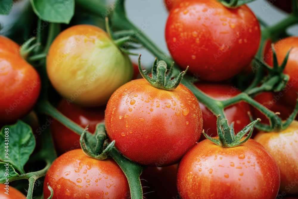 The image features a cluster of red tomatoes on the vine, covered in dewdrops. The tomatoes are at varying stages of ripeness, with some still showing hints of green. The image features a cluster of red tomatoes on the vine, covered in dewdrops. The tomatoes are at varying stages of ripeness, with some still showing hints of green.