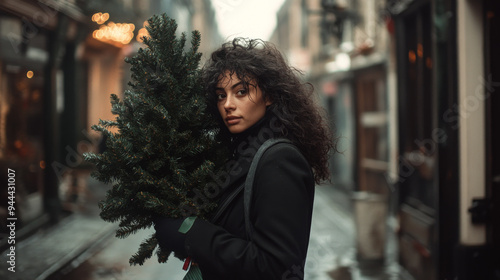 Wallpaper Mural Christmas: A woman with curly hair holding a pine wreath while walking in a city during the holiday season, with warm sunlight shining in the background. Torontodigital.ca