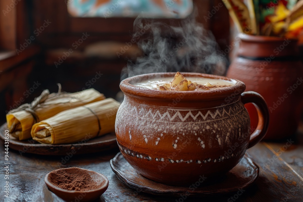 a traditional mexican clay pot filled with steaming hot horchata, served with a side of sweet tamales and a sprinkle of cocoa powder a traditional mexican clay pot filled with steaming hot horchata, served with a side of sweet tamales and a sprinkle of cocoa powder