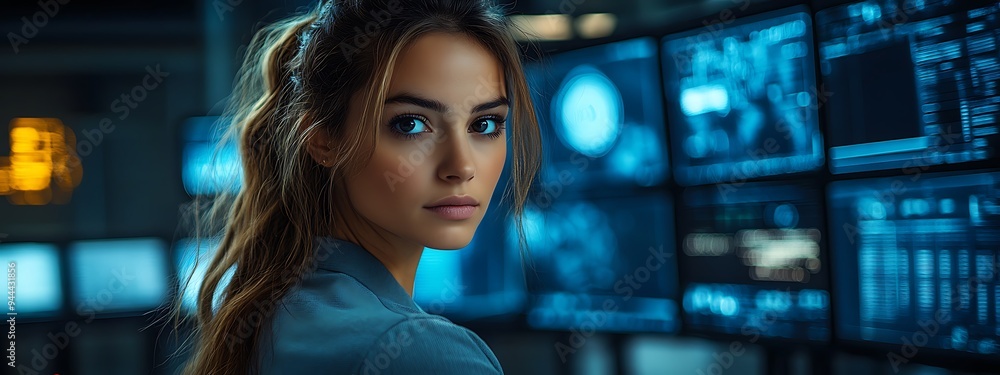 AI cyber security concept. Female IT Computer specialist analyzing artificial intelligence cyber threats to consumer data & privacy breach. Software developer using code & ethical hacking AI cyber security concept. Female IT Computer specialist analyzing artificial intelligence cyber threats to consumer data & privacy breach. Software developer using code & ethical hacking