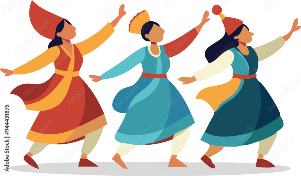 Three women dancing in traditional colorful clothing, symbolizing cultural celebration, joy, and dance in a lively and cheerful illustration. Three women dancing in traditional colorful clothing, symbolizing cultural celebration, joy, and dance in a lively and cheerful illustration.