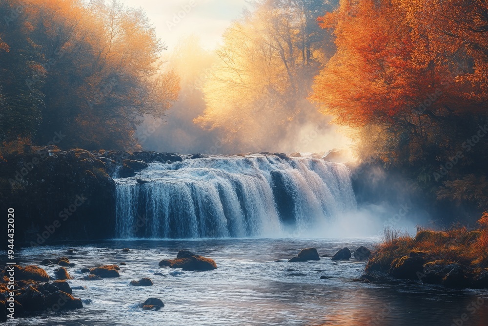 a tranquil autumn morning with a river flowing gently towards a waterfall, surrounded by a forest of golden and crimson trees, with a misty atmosphere a tranquil autumn morning with a river flowing gently towards a waterfall, surrounded by a forest of golden and crimson trees, with a misty atmosphere