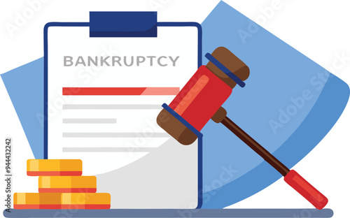 Illustration of bankruptcy document with gavel and stacked coins representing financial and legal issues