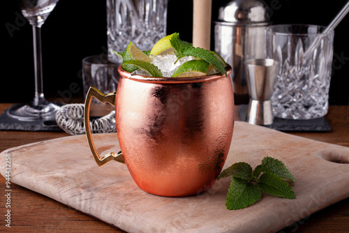 Moscow mule with bar equipment background.