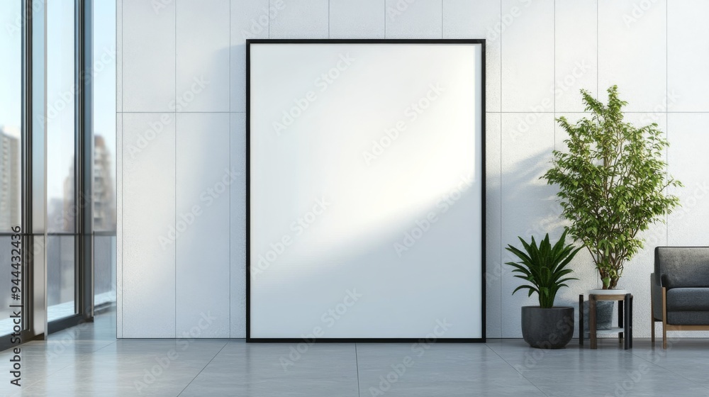 Front View of a Blank White Vertical Billboard with Black Frame in Modern Interior Design , Mockup Style Front View of a Blank White Vertical Billboard with Black Frame in Modern Interior Design , Mockup Style