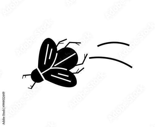 A black fly in motion, emphasizing speed, agility, and simplicity. Suitable for themes of speed, flight, pests, and biological representations in minimalistic design. Clean and effective. Bug icon