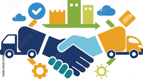 Illustration of delivery trucks, handshake, and industry icons symbolizing supply chain management and logistics