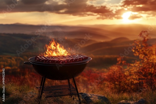 a vintage-style barbecue grill standing alone on a hill overlooking a valley, with a fiery blaze burning beneath a sizzling rack of ribs, surrounded by a sea of autumnal colors