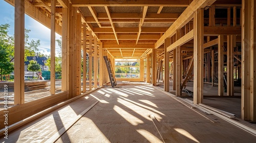 A construction site featuring natural lighting solutions and passive solar design elements for sustainability