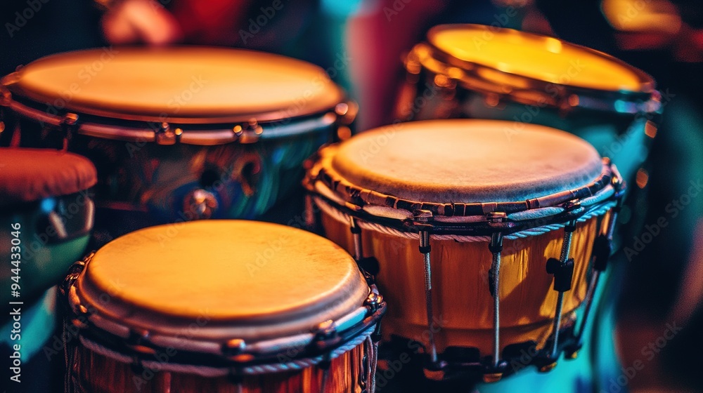 A close-up of percussion instruments, including congas, bongos, and a tambourine. A close-up of percussion instruments, including congas, bongos, and a tambourine.