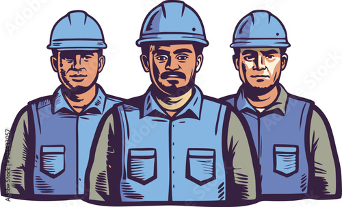 Illustration of three construction workers wearing protective helmets and uniforms symbolizing teamwork and labor force
