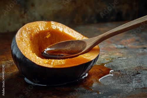 a warm, golden light illuminates a rustic, wooden spoon, resting in a rich, dark piloncillo syrup-filled, halved pumpkin, as if inviting all to partake in the delightful, sweet treat photo