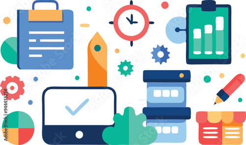 Illustration of various office tools and charts symbolizing productivity and work efficiency