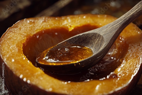 a warm, golden light illuminates a rustic, wooden spoon, resting in a rich, dark piloncillo syrup-filled, halved pumpkin, as if inviting all to partake in the delightful, sweet treat photo