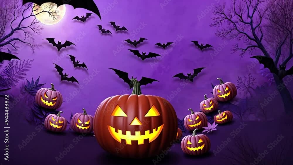 Purple Halloween background, ominous black trees, smiling moving pumpkins, bats, full moon, space for text Purple Halloween background, ominous black trees, smiling moving pumpkins, bats, full moon, space for text