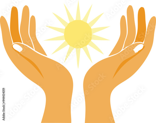 Illustration of hands holding a sun symbolizing warmth, care, and positivity photo