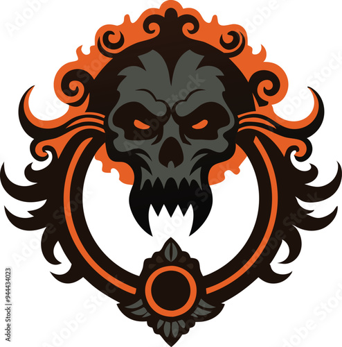 Illustration of a dark door knocker with an intimidating face symbolizing a haunted or gothic theme