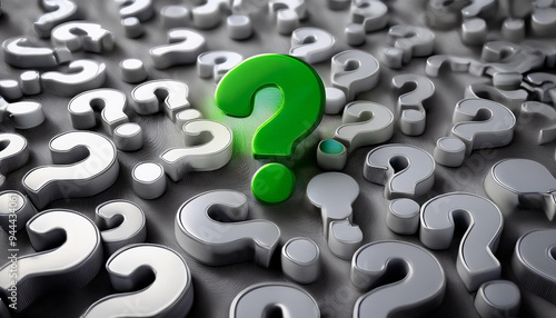 無数の白いクエスチョンマークの中に、ひときわ目立つ緑色のクエスチョンマークが中央に配置されています。白いクエスチョンマークが背景に溶け込む中で、緑色のものが焦点を引き、特異性や重要な問いを象徴しています。このシーンは、疑問や不確実性の中での明確な答えや重要な問いかけを表現しています。generative AI