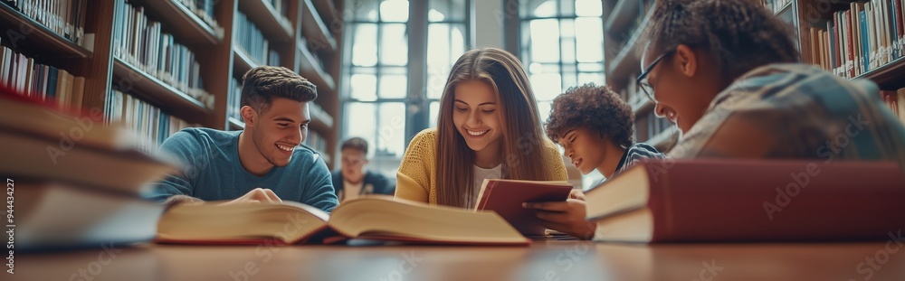 Students engaged in collaborative study session at a local library, surrounded by shelves of books in a bright, inviting atmosphere Students engaged in collaborative study session at a local library, surrounded by shelves of books in a bright, inviting atmosphere