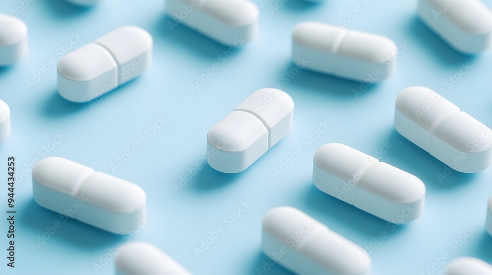 Pattern of white capsules neatly arranged on a light blue surface Pattern of white capsules neatly arranged on a light blue surface