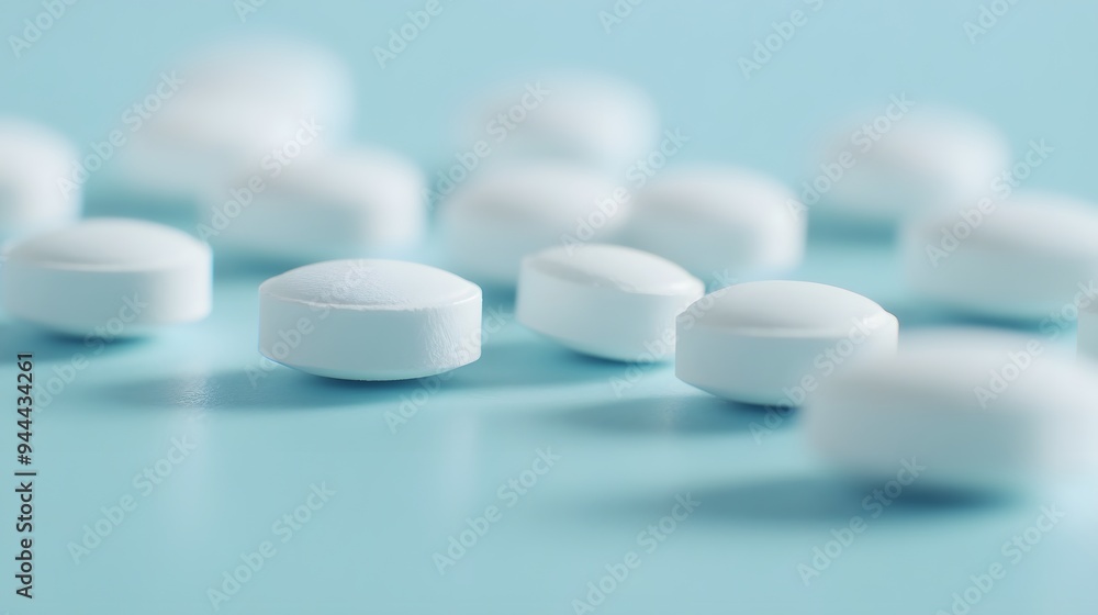 Pattern of white capsules neatly arranged on a light blue surface Pattern of white capsules neatly arranged on a light blue surface