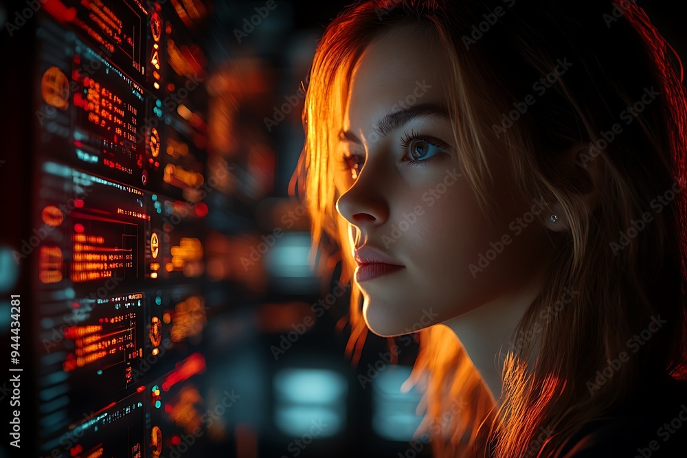 AI cyber security concept. Female IT Computer specialist analyzing artificial intelligence cyber threats to consumer data & privacy breach. Software developer using code & ethical hacking AI cyber security concept. Female IT Computer specialist analyzing artificial intelligence cyber threats to consumer data & privacy breach. Software developer using code & ethical hacking