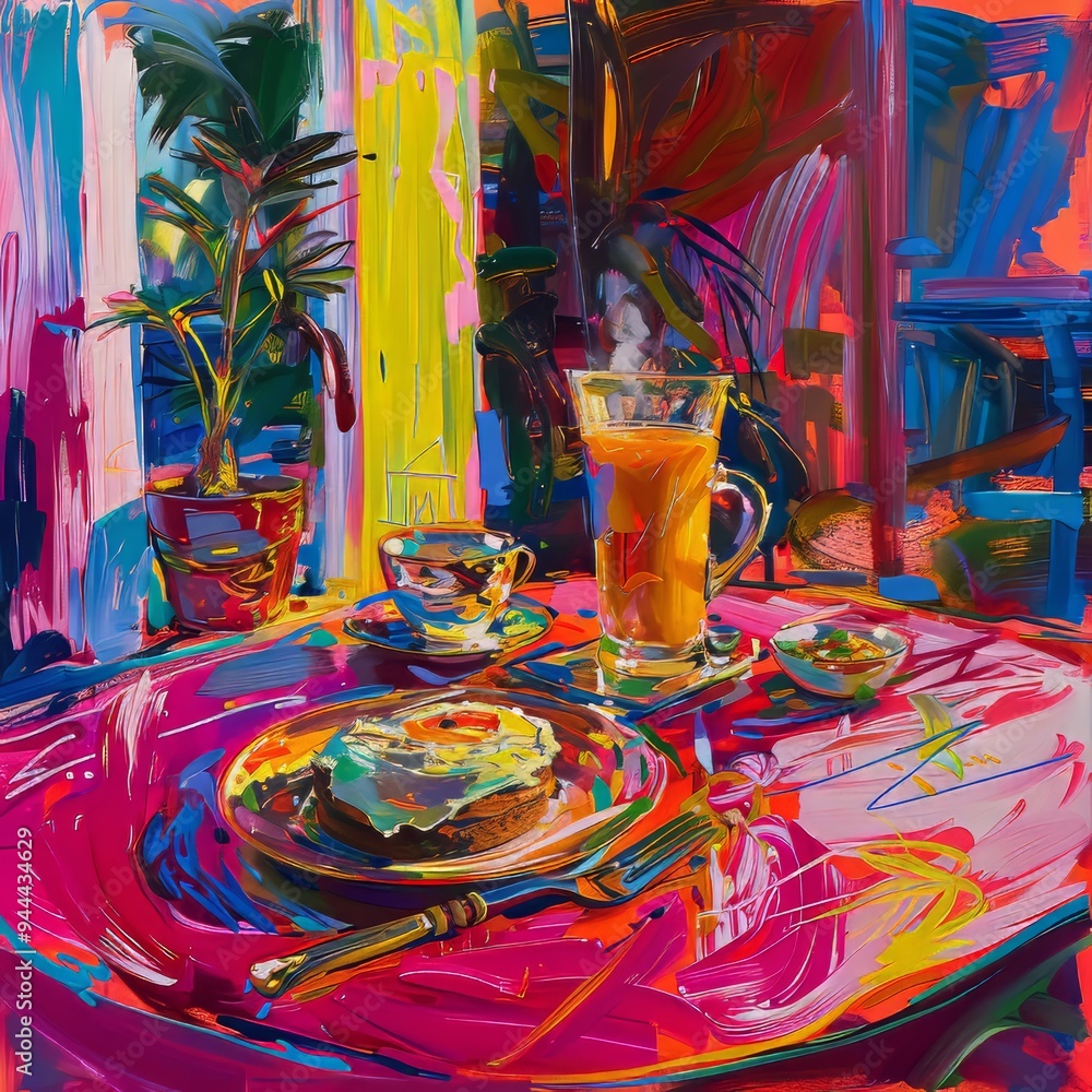 Vibrant breakfast scene with colorful cake, coffee, juice, and whimsical table decor, digital art Vibrant breakfast scene with colorful cake, coffee, juice, and whimsical table decor, digital art