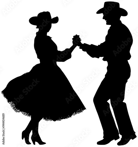 Silhouette of a man and woman dressed in western clothing dancing, isolated 