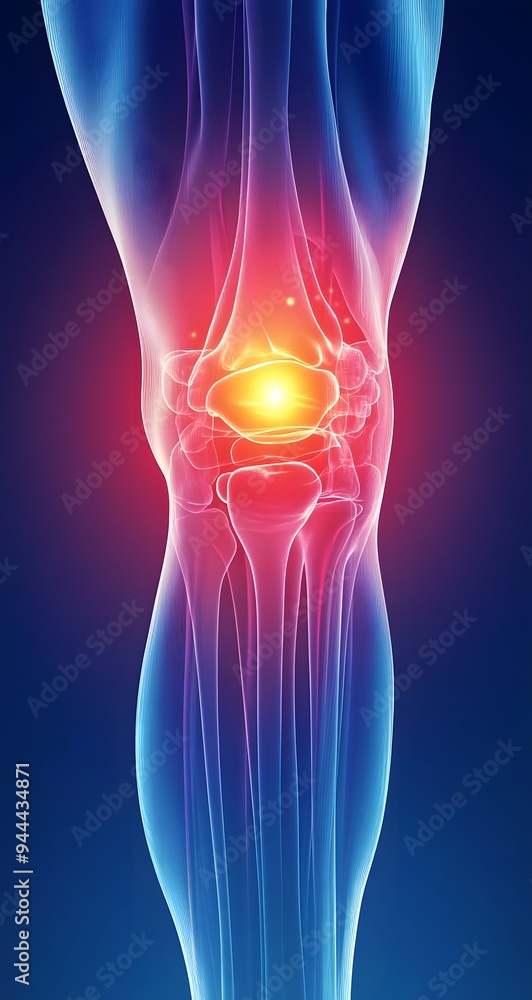 A detailed 3D illustration showing the human knee joint with highlighted areas indicating pain or inflammation, ideal for medical concepts and healthcare education. A detailed 3D illustration showing the human knee joint with highlighted areas indicating pain or inflammation, ideal for medical concepts and healthcare education.