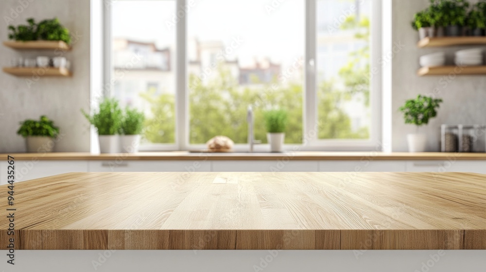 Modern Kitchen Countertop Background with Wooden Surface, Light and Bright Home Interior, Ideal for Product Display, Top View with Empty Space and Blurred Room Elements Modern Kitchen Countertop Background with Wooden Surface, Light and Bright Home Interior, Ideal for Product Display, Top View with Empty Space and Blurred Room Elements