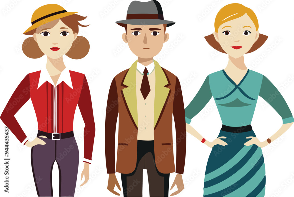 Naklejka premium Illustration of three people in vintage attire from the 1920s representing retro style and historical fashion